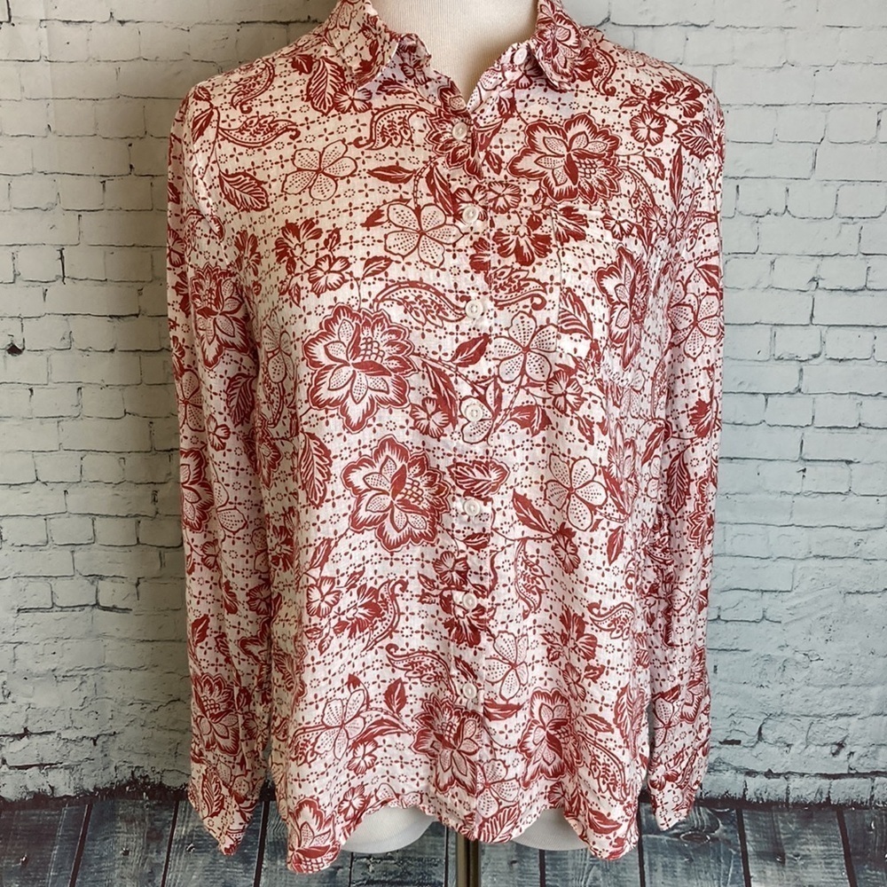 Garnet Hill Easy Linen Button Down Blouse Floral 6 Coastal Grannycore Vacation